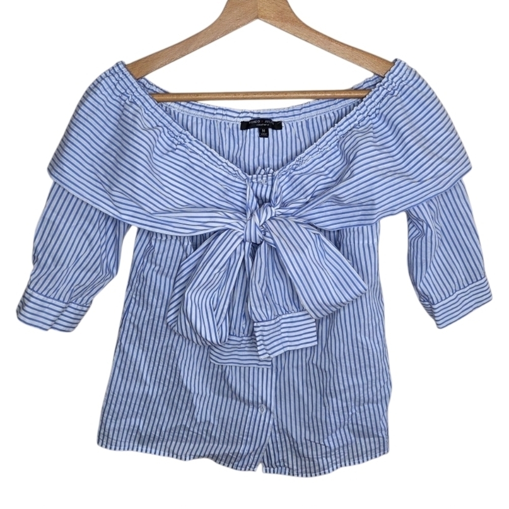 Romeo & Juliet Couture | Blue White Striped Off the Shoulder Bow Button Up Shirt